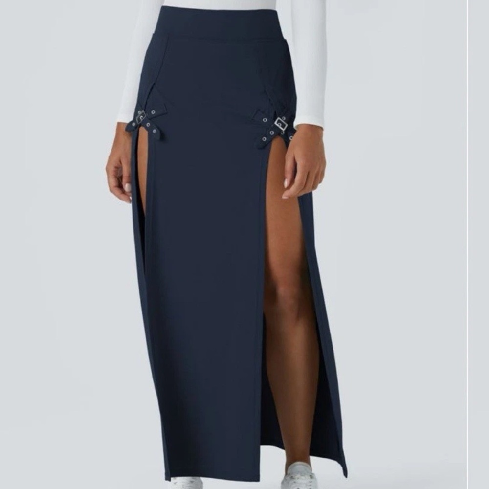 HALARA HIGH WAISTED DECORATIVE BUCKLES SPLIT 2-in-1 NAVY BLUE MAXI SKIRT SZ L